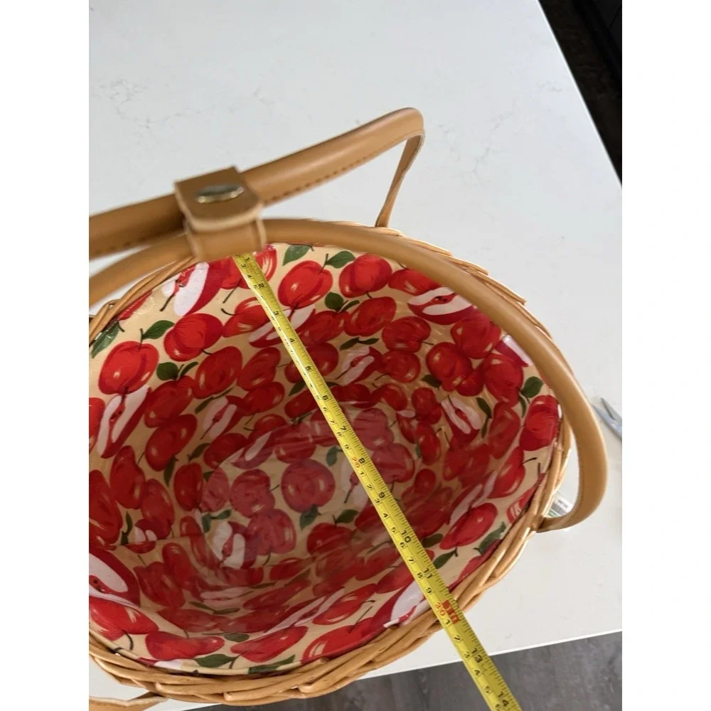 Vintage Woven Cane Oval Basket Apple Vinyl Liner Faux Leather Handles 90's EUC